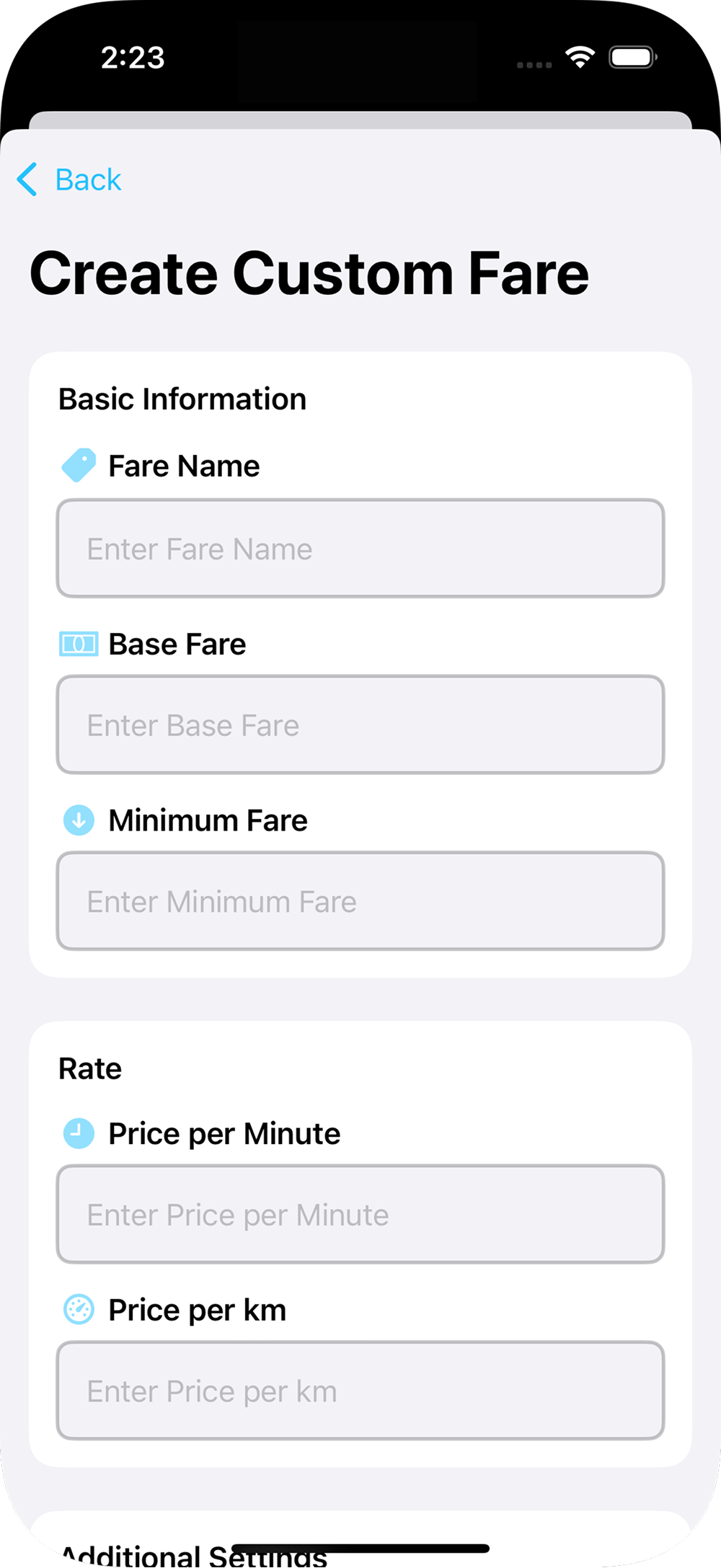 Custom fare setup screen