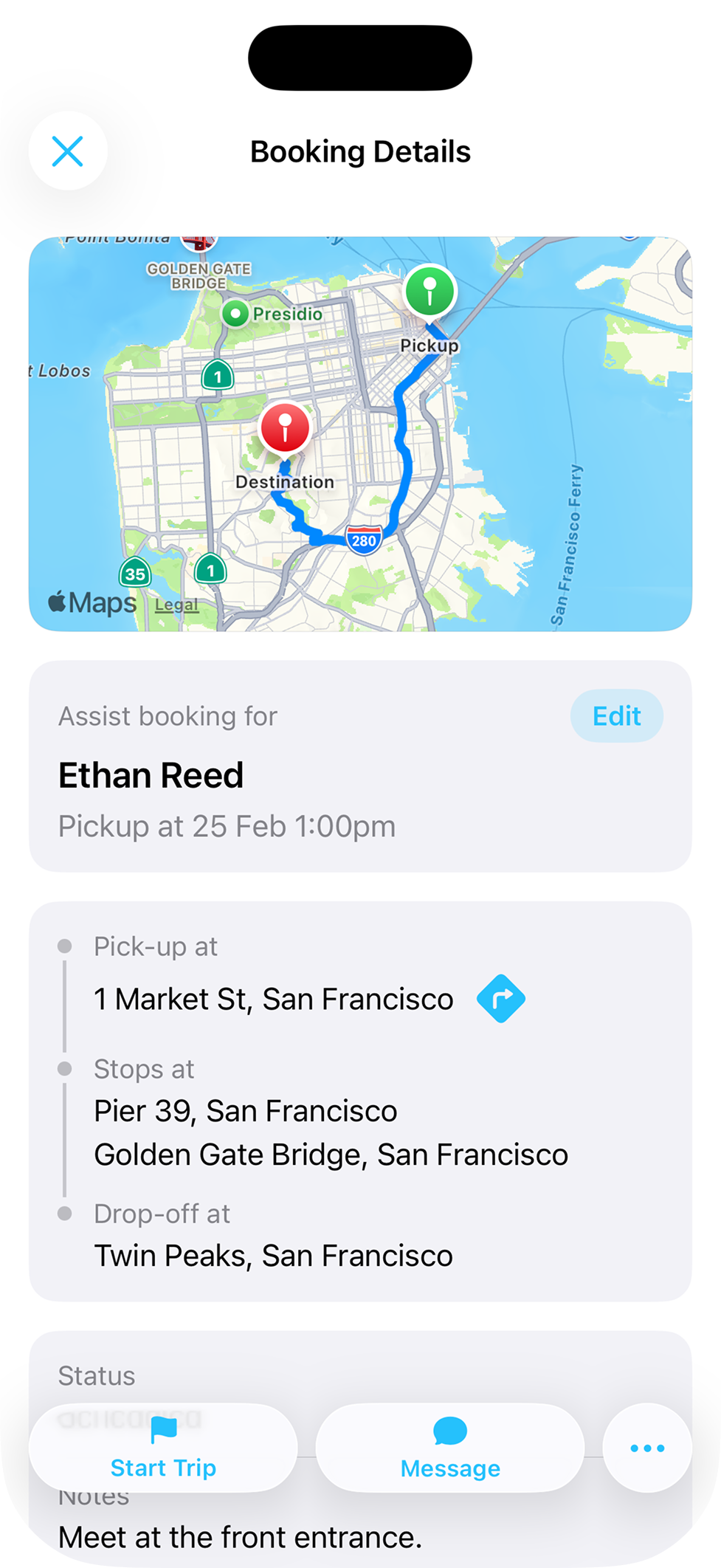 Booking management screen with multiple destinations
