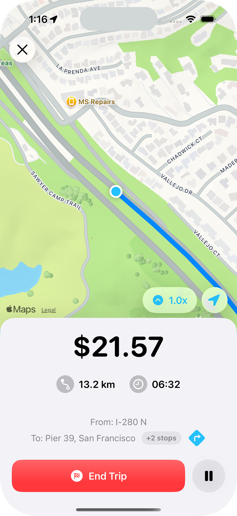 Meterly taxi meter trip screen showing route, fare, distance, and trip controls
